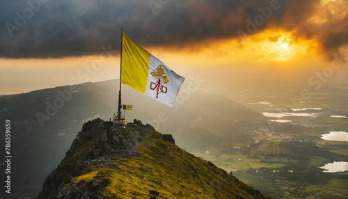 The Flag of Holy See (Vatican) On The Mountain.