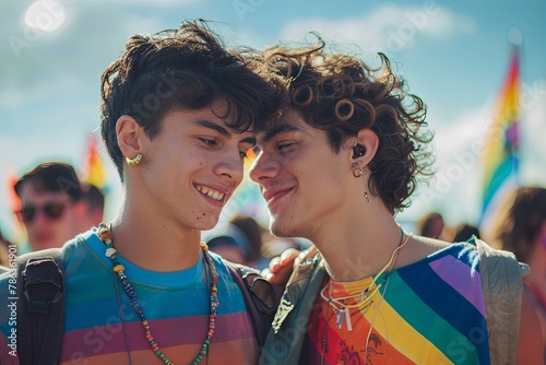 Portrait of a young male gay couple at a music festival