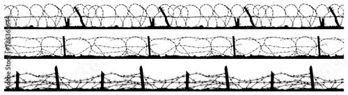 Silhouette of barbed wire and wooden stake on the ground. trench war elements vector background.