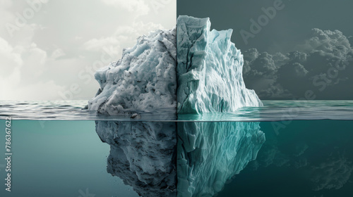 The two contrasting faces of an iceberg, with its submerged part beneath the water and the visible part above it.