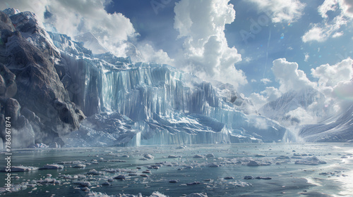 Glacial waterfalls cascade down a frozen cliff face into a sea dotted with floating ice under a sunny sky.