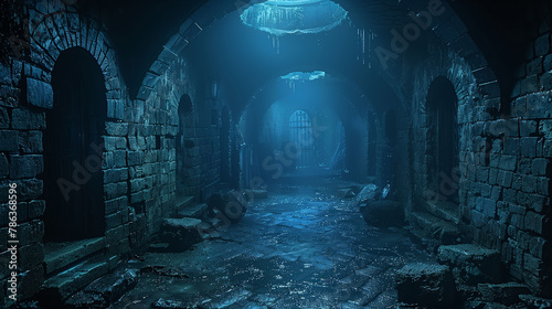 A dark, eerie underground dungeon with arched stone walls, icy stalactites, and a distant barred gate.