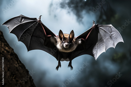 a bat flying through the air with its wings spread out