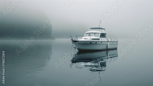 Cabin Cruiser Adrift in Misty Morning Lake Tranquility