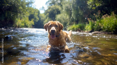 golden retriever dog happily plays and bathes in the river on a warm summer day