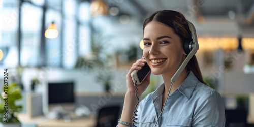 A female customer service agent smiling while talking on the phone in the office, wearing a headset.