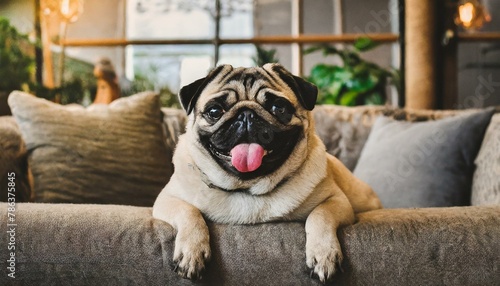 Numa tarde preguiçosa, um Pug se acomoda confortavelmente em seu sofá favorito, sua expressão enrugada e sua língua de fora revelando sua personalidade descontraída e amorável.