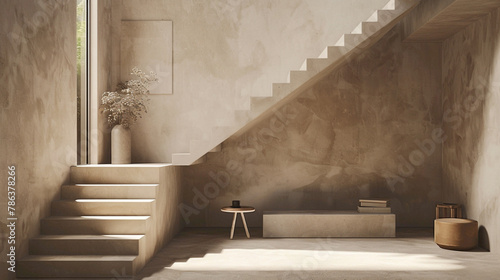 Delicate beige stairs with a Scandinavian feel in an elegant lounge setting with a window.