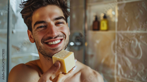 Happy man showing solid shampoo bar in bathroom select