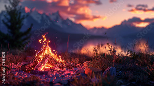 A campfire burns in a forest at dusk with mountains in the distance.