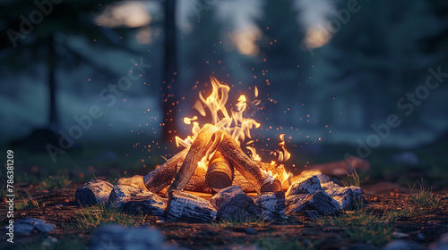 A campfire burns in a forest at dusk with mountains in the distance.