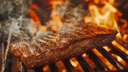 A close-up view of a juicy pork belly cooking on a flaming barbecue grill, with flames rising around the meat