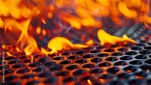 Detailed closeup of a grill ablaze with fiery flames dancing and licking the metal surface