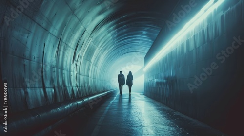 Two individuals walking in a tunnel towards light at the end