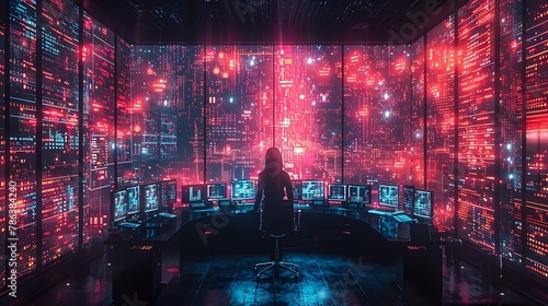 Delve into the heart of a virtual trading floor, where AI algorithms execute lightning-fast transactions amidst a sea of glowing screens and pulsating data visualizations.