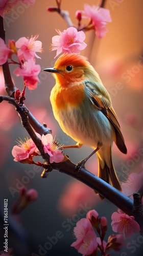 Songbird Symphony, vibrant feathers, melodious and enchanting, perched on a blossoming cherry tree branch in a colorful garden, a gentle breeze rustling the leaves