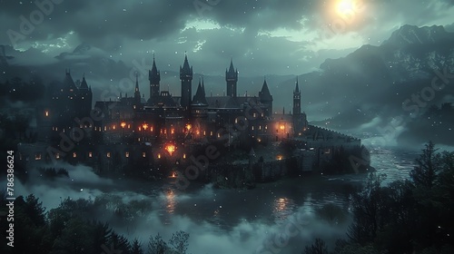 Majestic castle at night, banners waving with live glowing emblems, regal and magical