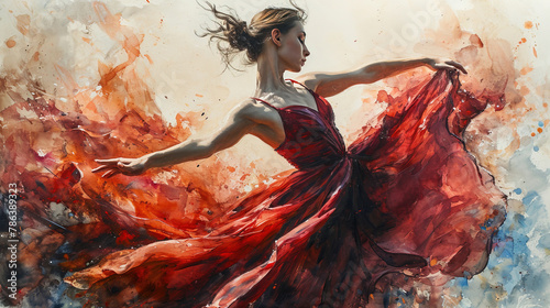 Contemporary Oil Painting of A Beautiful Women Ballerina Ballerina Dancer Dancing in Red Ballet Dress