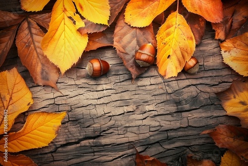 Autumn forest background. Fall Acorns on tree bark and season colorful leaves. with copyspace. generative ai.