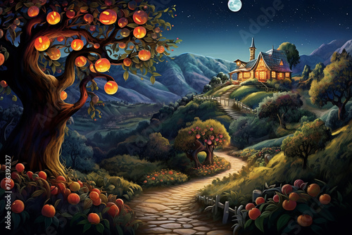 A glowing harvest moon behind an orchard of whimsical fruit trees, with a winding path leading to a cozy cottage , illustration