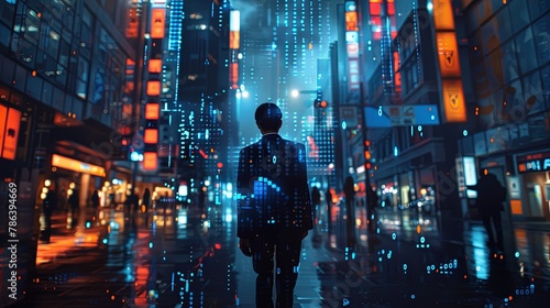 Man wearing suit walking on the city street with bokeh abstract light in the background between skyscrapers