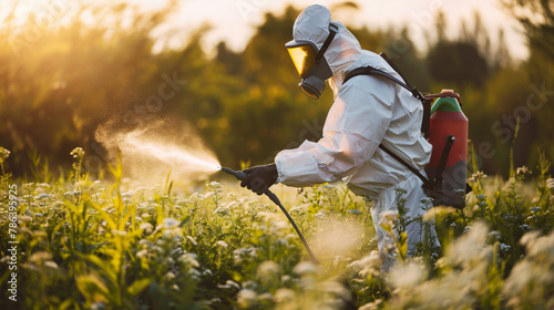 Man in protective workwear spraying glyphosate herbicide
