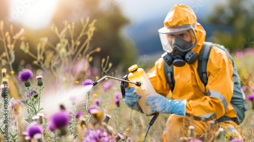 Man in protective workwear spraying herbicide 