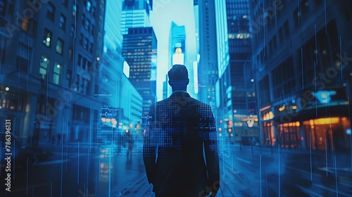 Picture of man office worker walking on the street wearing suit with abstract cityscape in the background