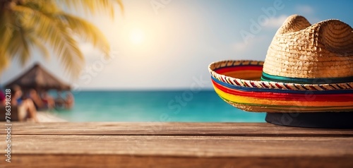 sombrero hat on wooden table at tropical beach background. Cinco de Mayo holiday background