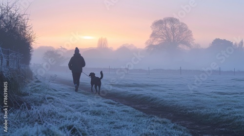 An early morning jog in the mist, where a person and their dog enjoy the tranquility and rhythm of their shared routine, strengthening their connection.