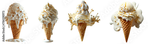 Vanilla ice cream cone with melting PNG. Vanilla ice cream dripping PNG. Vanilla ice cream top view isolated. Vanilla dessert flat lay PNG