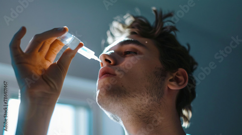 Medical drops. Young man using nasal spray indoors