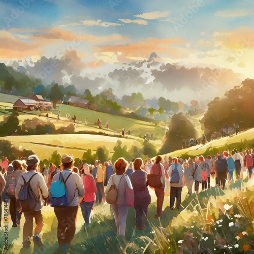 foule de promeneurs dans les vallons d'une campagne sous un coucher de soleil