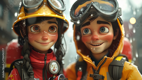A cartoon rendering of an engineer man and a firefighter woman with dreamy visual effects