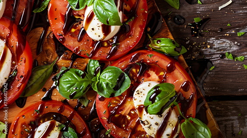 Caprese salad with sliced tomatoes, fresh mozzarella, basil, and balsamic glaze.