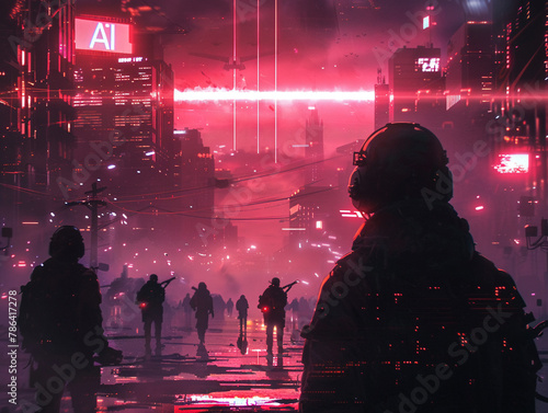 A cinematic illustration of an AI conglomerates activities with "AI" and software development