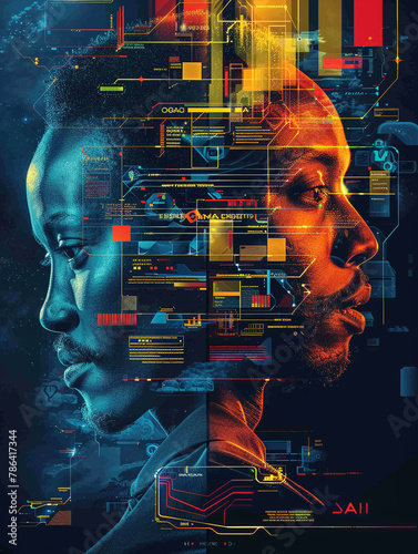 A cinematic poster depicting an AI conglomerates activities with "AI" and software development