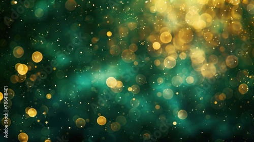 Abstract blur bokeh banner background with golden bokeh lights against a softly defocused emerald green backdrop.