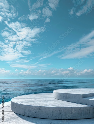 Product demonstration podium, mesmerizing ocean with beautiful sky in the background, bright colors