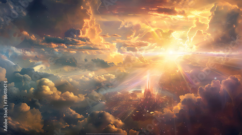 The holy city descending from the heavens, depicted with futuristic architecture and radiant with divine light, set against a backdrop of a new heaven and a new earth, with copy space