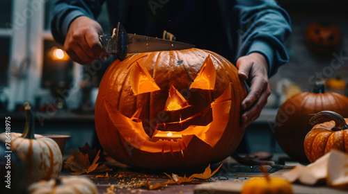 Person carving Halloween pumpkin