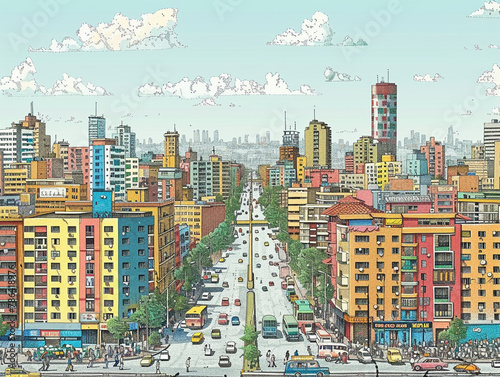 A lively depiction of Addis Ababas cityscape