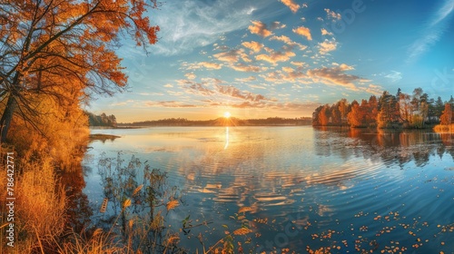 Panorama Of Autumn River Landscape In Belarus Or European Part Of Russia At Sunset. Sun Shine Over Blue Water Lake Or River At Sunrise. Nature At Sunny Morning. Woods With Orange Foliage On Riverside