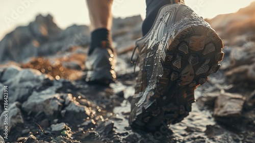  A dynamic shot of trail running shoes with aggressive treads, emphasizing their functionality and performance in outdoor settings.