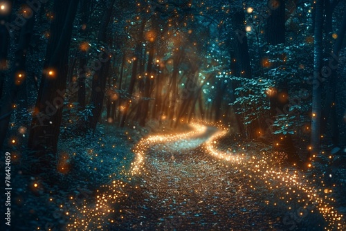 A mystical being guides wanderers along the radiant trail, its ethereal light casting an enchanting spell over the enchanted woodland.