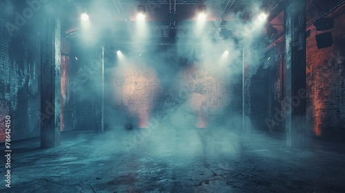 Gritty underground venue filled with fog and pulsing lights, concrete floors reverberate with grunge beats.