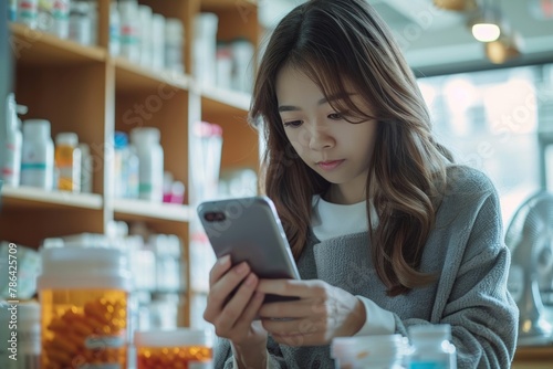 Asian woman uses phone to research medication details and side effects online for informed health care decisions.