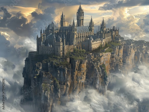 A majestic castle perched atop a rugged cliff, its towering spires reaching towards the sky as storm clouds gather overhead castle in the clouds The dramatic beauty of the castle is rendered