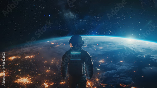 Astronaut overlooking the Earth from space, a backdrop of stars, human curiosity and wonder