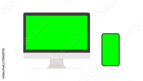 緑色のディスプレイのパソコンとスマホのセット - グリーンバック･クロマキー合成のテンプレート素材 